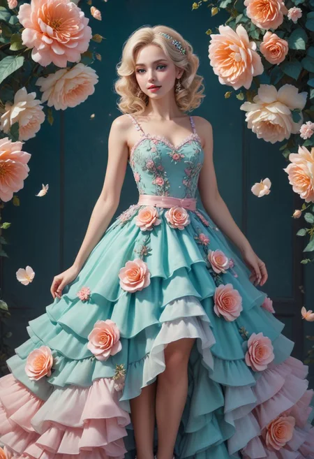 Romantic Rosette dress, full height, low angle shot, (Surreal), (illustration), (Resolution enhancement), (8k), (Very detailed), (Best illustration), (Beautiful and delicate eyes), (best quality), (Super detailed), (masterpiece ), ( wallpaper), (Detailed face),one blonde, curls,(High top fade in and out:1.3), (Smile brightly, bright look), dark theme, soothing tone, pastel colors, high contrast, (natural skin texture, Surreal N;NI, soft light, Impatient),exposure blending, medium shot, Bokeh, (human development report:1.4), high contrast, (Movie, teal and orange:0.85), (pastel colors, fade, soothing tone:1.3), high saturation, (Super detailed:1.2)