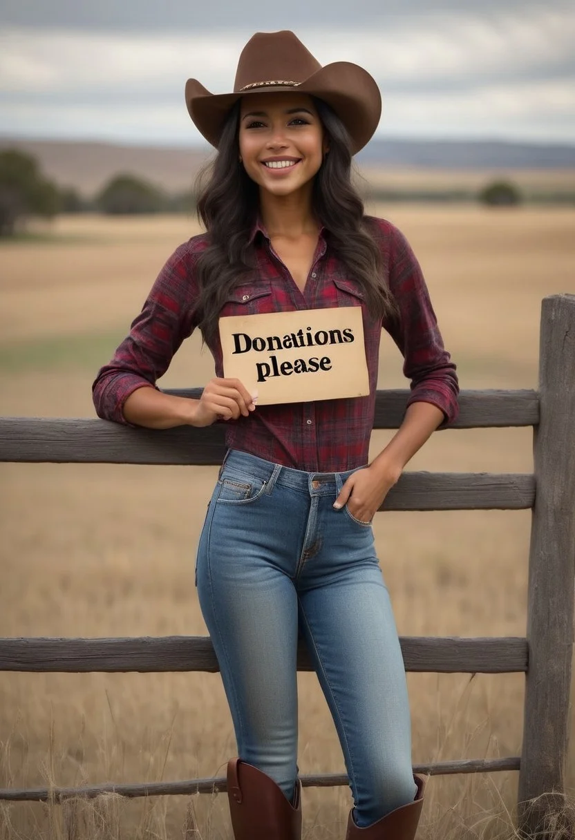 high detail, Smooth, sharp lines, score_9_up, score_8_up, detailed, masterpiece, leaning on a fence,
ErikaOC, 1girl, solo, tan skin, very beautiful, medium breasts, latina girl, 18 years old, long hair, bob hairstyle, bangs, black hair, big eyes, brown eyes, smile, happy,
blue jeans, red plaid shirt, cowboy hat, brown boots, winking at viewer, ranch background, farm, field, holding a sign that says "Buzz donations please"