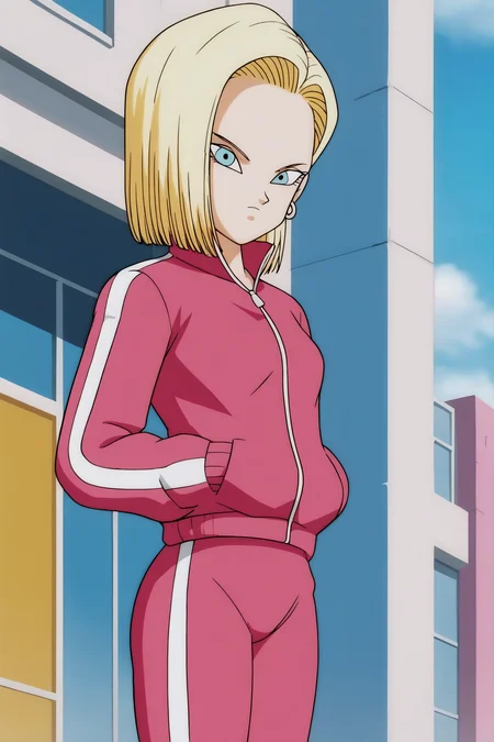 source_anime, score_9, score_8_up, score_7_up, anime screencap,
detailed face, android 18, supertop, 1girl, solo, looking at viewer, short hair, blue eyes, blonde hair, small breasts, collarbone, hoop earrings, city, street, collar up, track jacket, pink jacket, track suit, track pants, pink pants, standing, hands in pockets, from below,
<lora:c18_pony_v1:0.8>