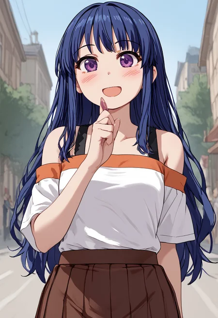score_4,score_5,score_6,score_7_up,score_8_up,score_9 ((masterpiece,best quality,ultra detailed,highres,HD,4k:1.2))
jyuukyuu, flat color, deformed, deformed characters, round face,
oekaki,jaggy lines,
1 girl,solo,girl forcus,solo forcus,
long hair,blue hair,purple eyes, shirt,skirt,bare shoulders,
blush,smile,open mouth,