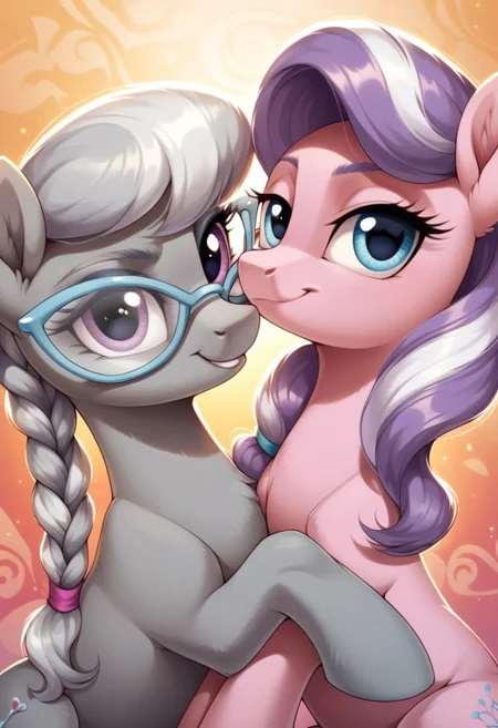 score_9, score_8_up, score_7_up, score_6_up, score_5_up, score_4_up, my little pony, ((feral pony)), Diamond Tiara, Silver Spoon, 2girls, ((duo)), (sexy), beautiful, detailed, (detailed cute pony face), detailed eyes, detailed fur, detailed hooves, beautiful, vector, flat colors, (beautiful long eyelashes), (beautiful hooves), (abstract background:1.8), (looking at you, looking at viewer:1.5), smile, happy, smug, ((close-up)), high angle