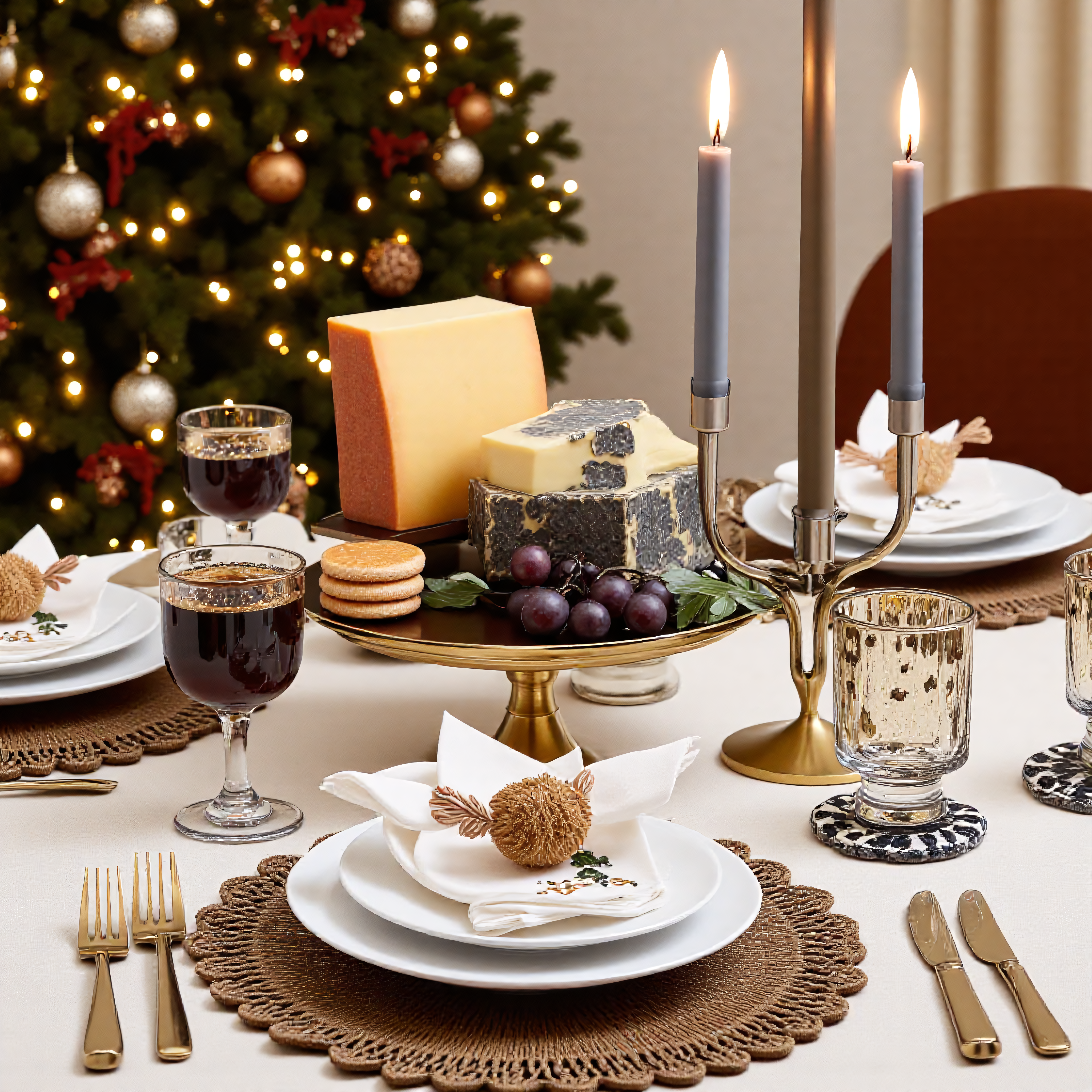 A beautifully set festive Christmas table, decorated for a meal. A highly detailed, hyperrealistic image. A Christmas tree, adorned with warm golden and amber lights, and festive ornaments, is the backdrop. The tree is softly focused to draw attention to the table setting. The table is covered in a cream-colored tablecloth. Gold-beaded placemats with a scalloped edge are centrally placed. White plates, napkins, and glassware are arranged. Napkins feature gold embroidered details. A placemat is in a gold and black design with crackers. A gold-toned candleholder with three tall gray and bronzed candles sits on the table. A glass serving stand holds various cheeses, with a golden base and various cheeses including a pale yellow cheddar and a blue cheese slice. A beautifully arranged platter holds grapes and crackers. Champagne glasses with gold rims,  are filled with sparkling liquid, and small decorative plates with mottled black and white patterned designs are present on the table. A celebratory, impressionistic feel with a focus on the details of the elegant Christmas dinner table setting. Warm, golden and muted gray tones dominate the color palette.