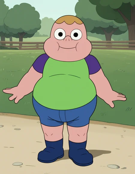 score_9, score_8_up, score_7_up, best quality, source_toon, Clarence, 1boy, male focus, no front teeth, tooth gap, closed mouth, chubby cheeks, human, plump, fat, young, wide hips, green shirt, purple sleeves, blue shorts, blue shoes, happy, outdoors, smiling, looking at viewer