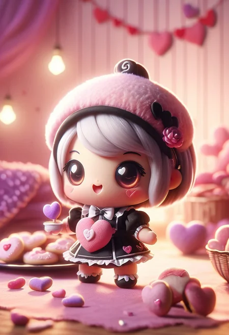 cute maid, baking, baby maid sugar cookies with purple eyes, retro fabric, neon colored ral-springfestival Neon Mauve outline, RAW photo, black and white uniform,m3k4m41d, subject, 8k uhd, dslr, soft lighting, high quality, film grain, Fujifilm XT3, made of ral-smlvltnpls <lora:ral-smlvltnpls:1>