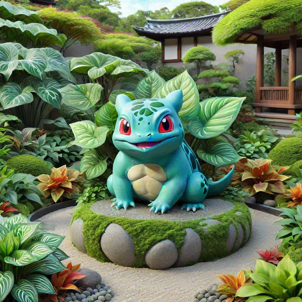 bulbasaur, leaves and vines from back, background is a zen garden, variegatedleaves, cartoony, colorful