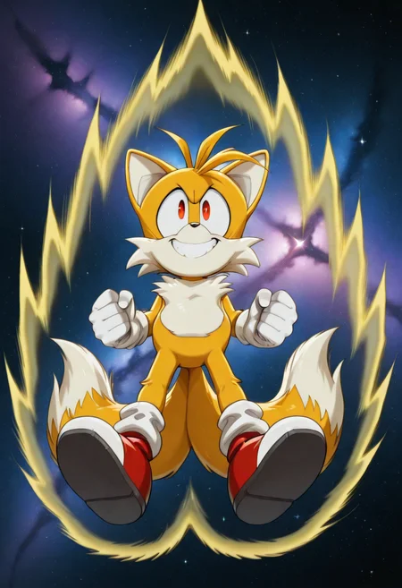 <lora:superSayianAura_v2_Illustrious_Mlaofmd-10:1.0>, <lora:Tails_-_Sonic_X_IL:1.0>, masterpiece, best quality, absurdres, amazing quality, 1boy, no humans, furry male, two tails, Tails_IL, super tails, gold yellow fur, red-white shoes, socks, white gloves, floating fur, solo, detailed eyes, red eyes, clenched hands, supersaiyanaura, power, aura, sharp aura, yellow aura, fight stance, floating, looking at viewer, low-angle view, happy grin, galaxy, starry, galaxy background,