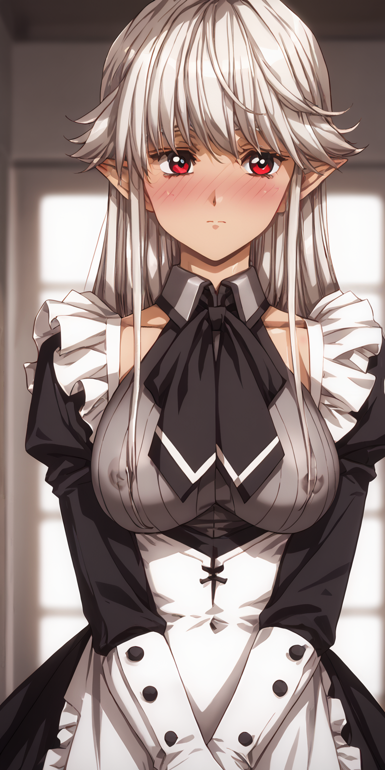 1girl, masterpiece, highres, high quality,
score_9, score_8_up, score_7_up, score_6_up, source_anime,
(mature female),
BREAK
indoors, seductive smile, smile, (blush:2),
covered nipples, 
BREAK
BREAK
 reanette, white hair, long hair, pointy ears, 
maid, frills, black dress, maid apron, puffy long sleeves, ascot, maid headdress, white elbow gloves<lora:Urushihara Satoshi_XL_PONY_V2:0.9>,<lora:reanette:0.8>