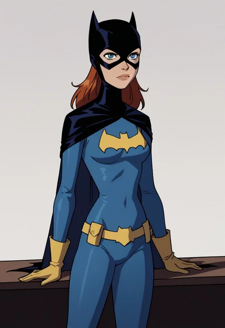 score_9_up, score_8_up, score_7_up, 1 girl, solo, batgirl, mask, gloves, bodysuit, cape, closed_mouth, standing against bar table, simple background