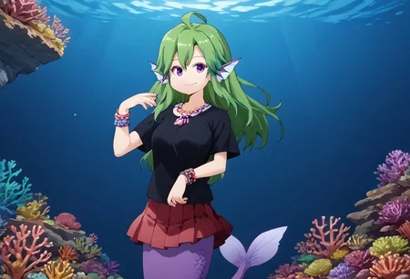 score_9, score_8_up, score_7_up, score_6_up, high resolution, gorgeous, absurdres, best quality, anime screencap, source_anime, 1girl, green hair, purple eyes, ahoge, side bangs, hair over breasts, large breasts, long hair, Mermaid, mermaid tail, head fins, purple tail, Black t-shirt, red skirt, pleated skirt, shell necklace, bracelets, smile, Expressiveh, underwater, coral reef, long hair, solo