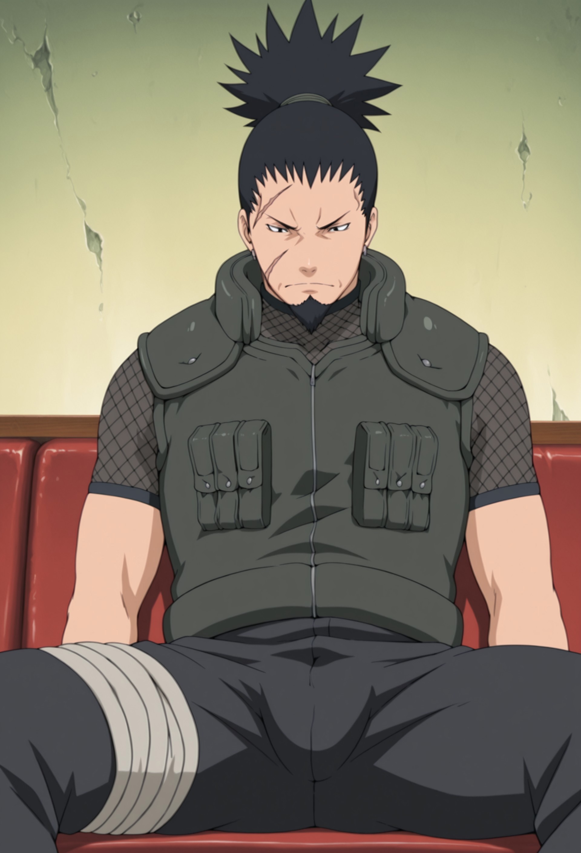 solo, masterpiece, modern, new, 1boy, male, masculine face, daddy looking face,

NarutoShikaku, black hair, ponytail, scar, beard, vest, sitting down, manspreading, bulge