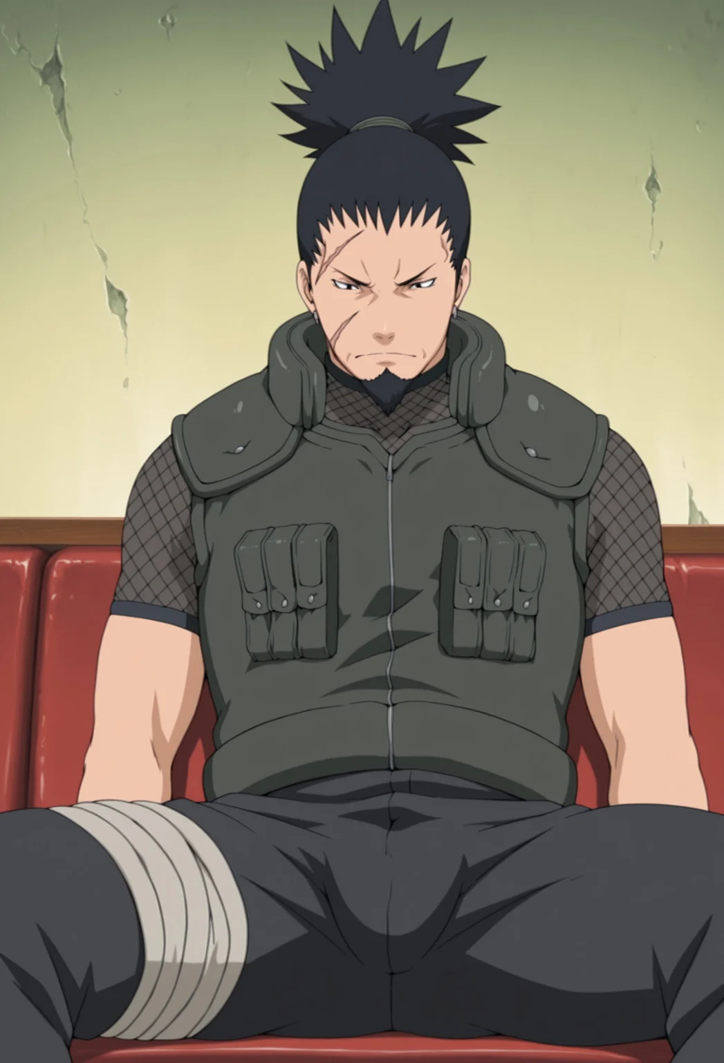 solo, masterpiece, modern, new, 1boy, male, masculine face, daddy looking face,
NarutoShikaku, black hair, ponytail, scar, beard, vest, sitting down, manspreading, bulge