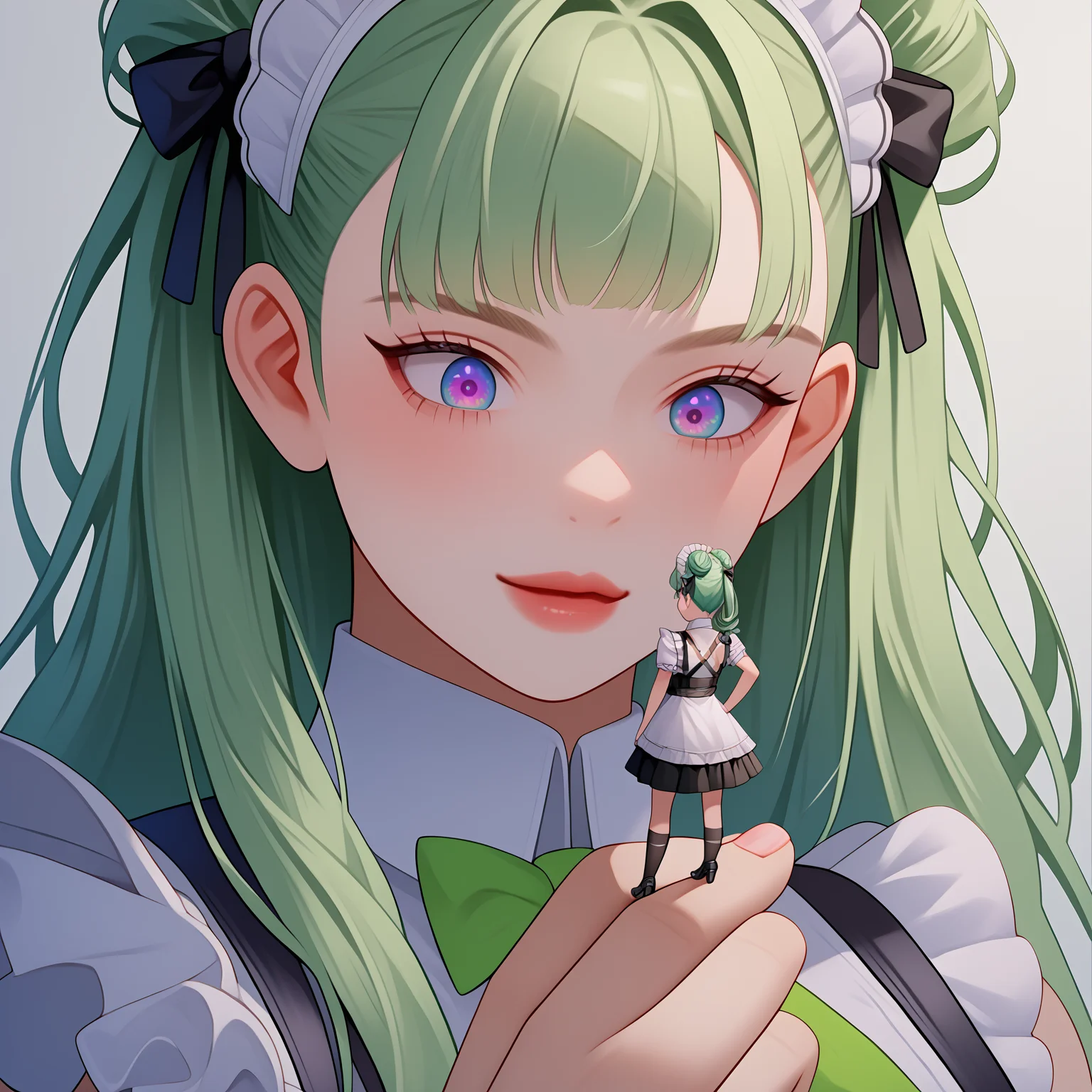 (masterpiece), (best quality), (highest quality), (highres), (absurdres), (extremely detailed), score_9, score_8_up, score_7_up, score_6_up, source_anime, score_5_up, score_4_up,<lora:gtssizev1:0.8> ,gtssize, size difference, minigirl, <lora:soda-nikke-richy-v2_pdxl:0.7>, nikkesoda, long hair, maid headdress, maid, green ascot, multicolored gloves, large breasts, :t, detached collar, chest strap, green hair, double bun, maid apron, mysterious lighting, (scene of two different cartoon anime characters together:1.4), kitchen, small human