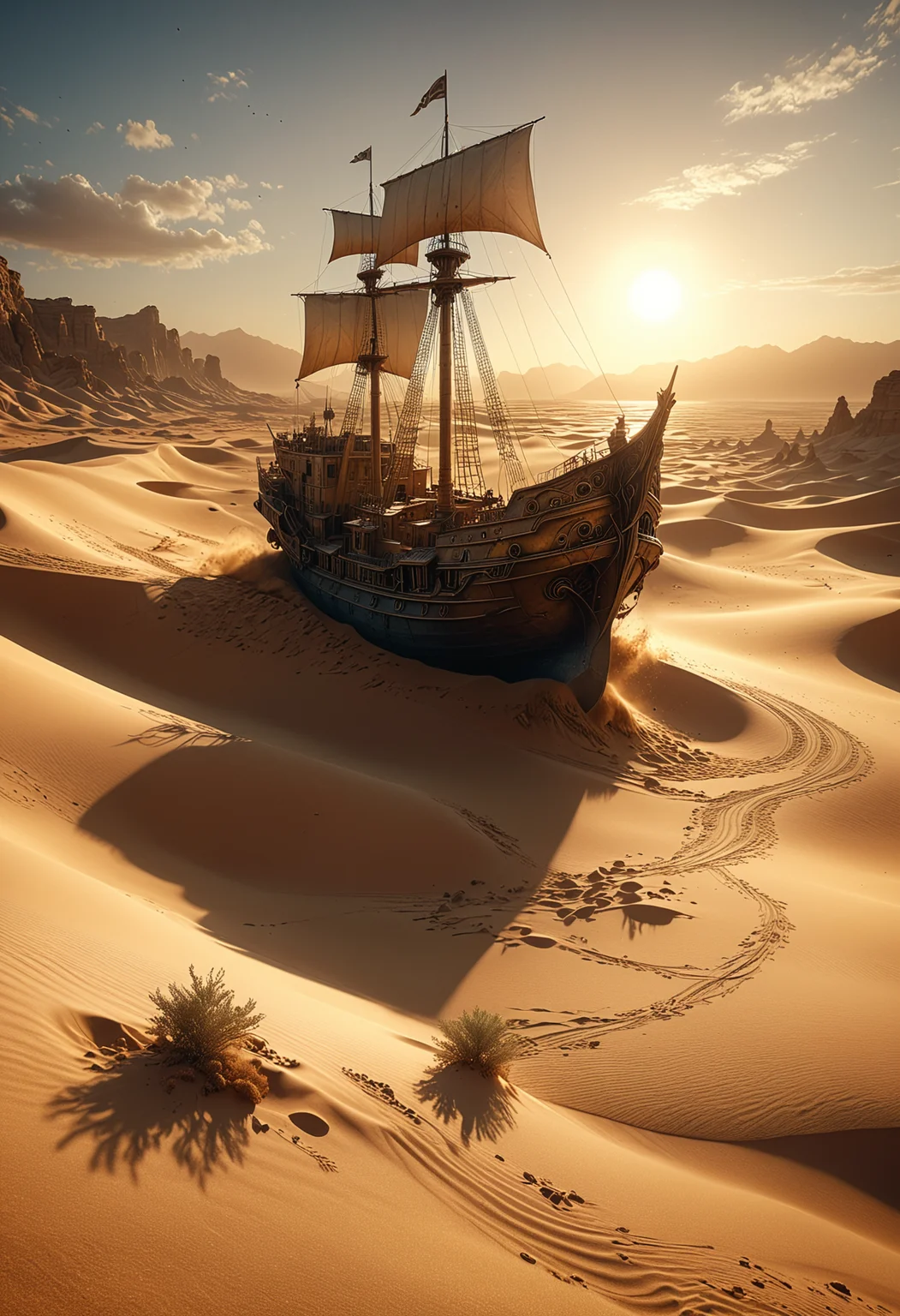 high quality, 8K Ultra HD, highly realistic, The ship is moving forward, creating waves in the sandy sea, Sand flies up after the ship moves, Embark on an enchanting 8K photorealistic journey as a magnificent sandship sails across a boundless sea of desert dunes, The ship gracefully glides atop the rippling sands, leaving a trail of golden dust in its wake, The setting sun casts a warm, ethereal glow over the vast desert landscape, infusing the scene with a sense of magical wonder, The sandship's design boasts intricate steampunk-inspired elements, blending seamlessly with the desert's natural beauty, The camera captures every minute detail, from the ship's sails billowing in the breeze to the delicate patterns etched into the sand, by VelvetS, octane render, Isometric, 
<lora:DonM3t3rn1tyXL-v1.1:0.7>, DonM3t3rn1tyXL,
OverallDetailXL  <lora:MJ52:0.3>  <lora:SDXLFaeTastic2400:0.4>