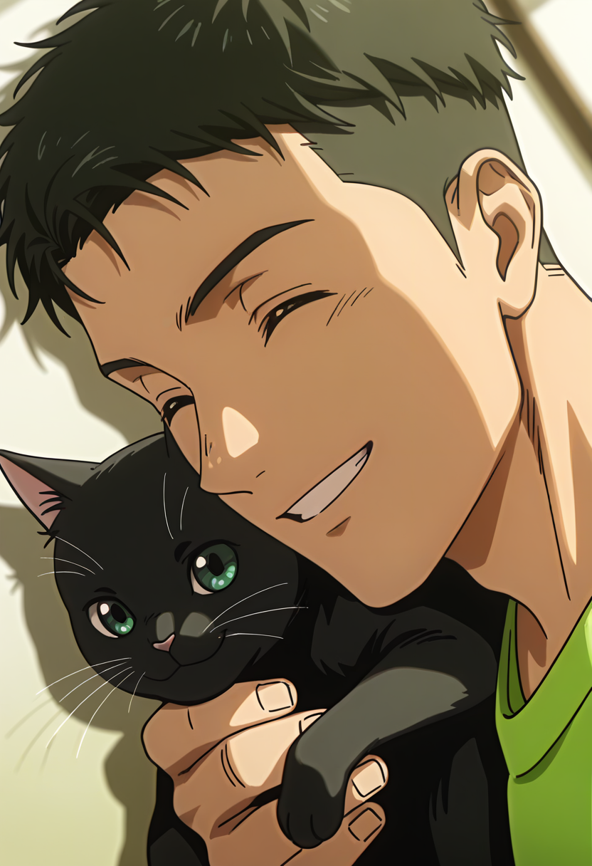 <lora:Yokokawa_Yuusuke_Love_All_Play:1> green_yok0kaw4_yuusuk3_eyes, yok0kaw4_yuusuk3, black_yok0kaw4_yuusuk3_hair, 1boy, anime coloring, male focus, solo, muscular male,  holding, black cat, smile, ^_^,  close-up, shadow, dynamic angle, dynamic action, atmospheric perspective, intricate lighting, intricately detailed illustration, depth of field, masterpiece, best quality, newest, absurdres, anime screencap, intricate details, good quality, very awa, highres, perfect proportions, perfect eyes, amazing quality, very aesthetic,