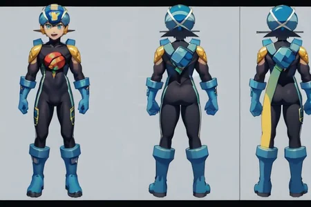 (masterpiece, official art), best quality, 1boy, solo, chara-sheet, megaman, blue footwear, blue headwear, bodysuit, boots, covered collarbone, yellow pauldron, full body, blue gloves, green eyes, helmet, looking at viewer, male focus, open mouth, purple bodysuit, simple background, smile, solo, standing, muscular, large pectorals, thick thighs
