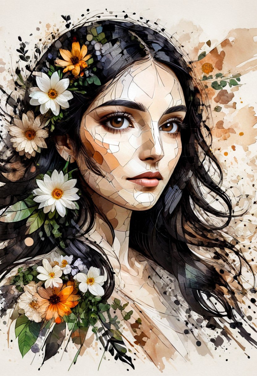 InkMosaic, a portrait of a woman with flowers in her long black hair, brown eyes