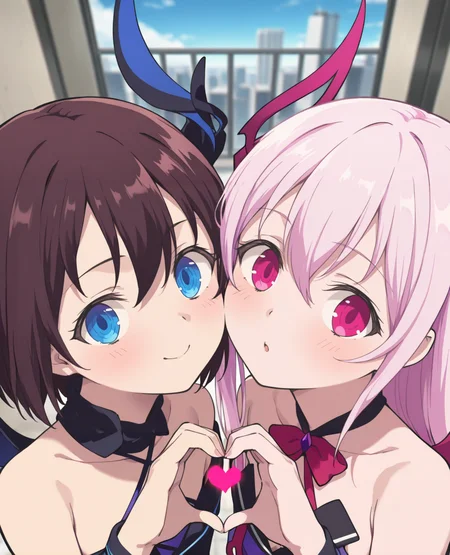 (2girls:2),
BREAK
BREAK
BREAK smile,looking at viewer,
BREAK face focus,from above,
BREAK
BREAK
BREAK
BREAK
BREAK
BREAK anime coloring,blue sky,
BREAK 2girls lean together,(kisara,demon form),(ogata kanna,demon form:1.1),<lora: engage kiss :1>,heart hands,cheek-to-cheek,