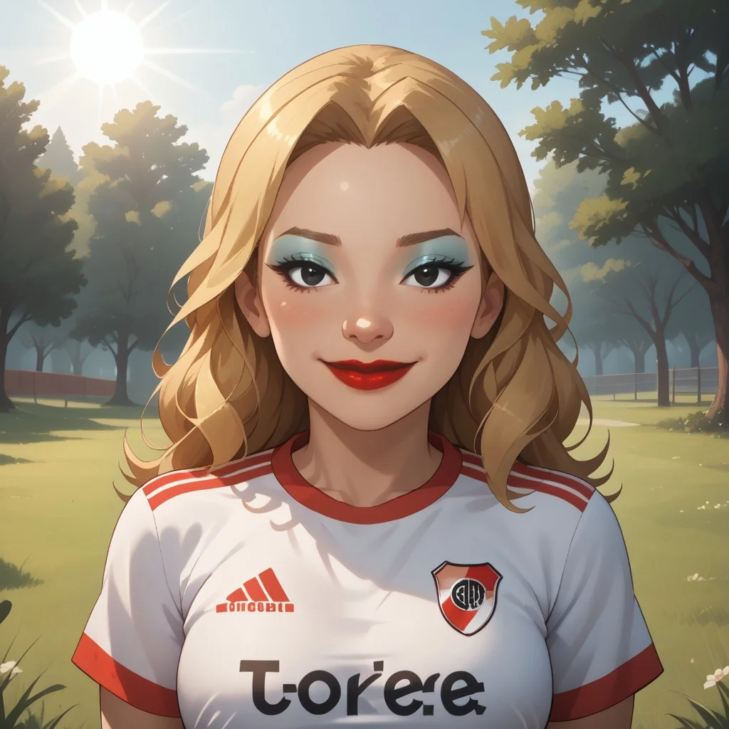 score_9, score_8, BREAK, solo, wii, mii, wii sports, 1girl, female mii, cute, blonde hair, brown eyebrows, makeup, blush, blue eyeshadow, red lips, lipstick, RiverPlate, striped shirt, striped, shirt, white shirt, short sleeves, clothes writing, sportswear, soccer uniform, breasts, nintendo mii, modern_mii, classic_mii, Tomoyo_(OC_Mii), black eyes, adult female, mature female, sexy pose, self portrait, smile, looking at viewer, outdoors, sunlight, shadows, evening lighting, natural lighting, forest, trees, grass, orange sky, sunset
