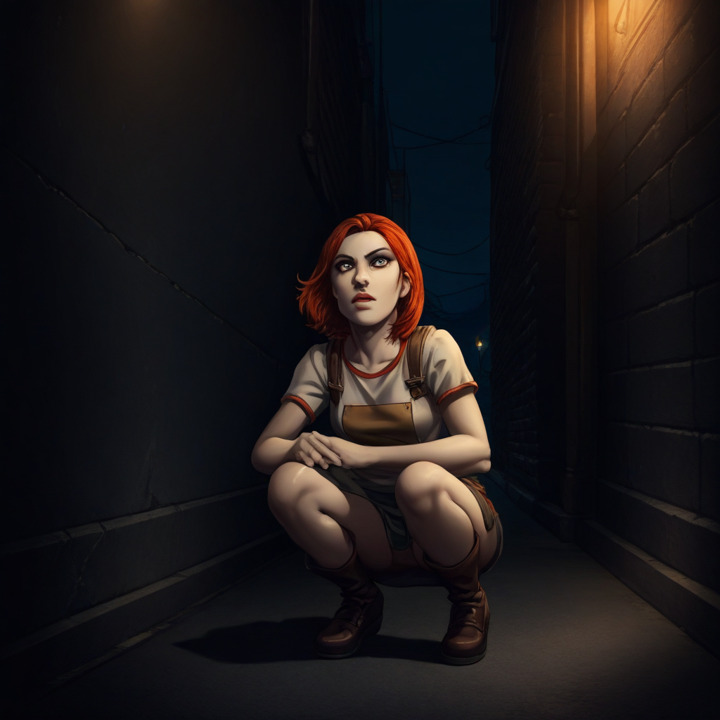 masterpiece, 1girl, Damsel, squatting in a dark alley, night