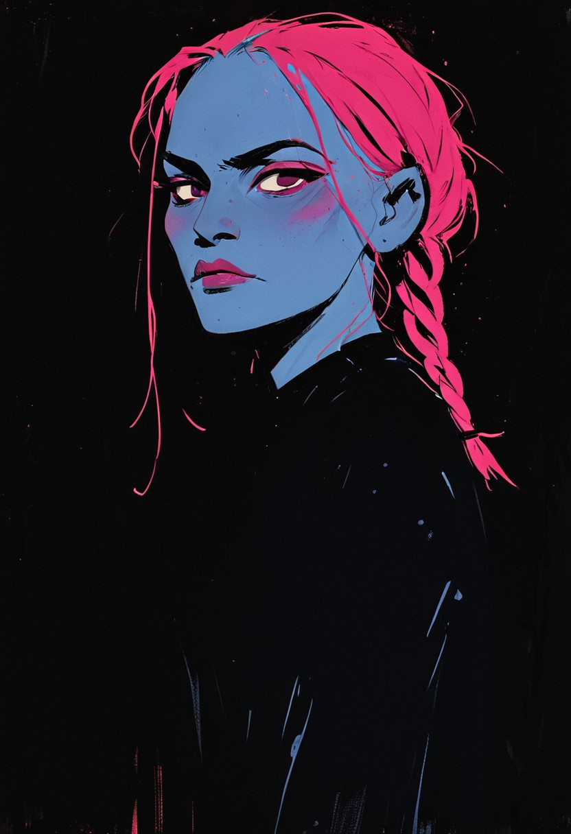 (resplendent highlighting) in the style of casual line and wash sketch, hauntingly beautiful, a drawing of a githyanki woman with tightly braided pink hair, very small nose, (detailed anatomy and defined musculature:1.0) prominent cheekbones, looking at viewer (disapproving expression:1.2), focus on the face, strong stance (ultraviolet hues:1.0) by Chien Chung Wei, Jaroslava Korol, carson ellis, nixri, Travis Charest, Emile Friant, Adam Hughes with bill sienkiewicz and marilyn minter influence, high-contrast lighting (rough details, white flower-pattern on dark-black sweater, aidmamj6.1, 3xpr3sgg0th1cn30n1nc4s3, ExpresHGothicNeonIncaseUOC, ExpresHGothicNeonIncase