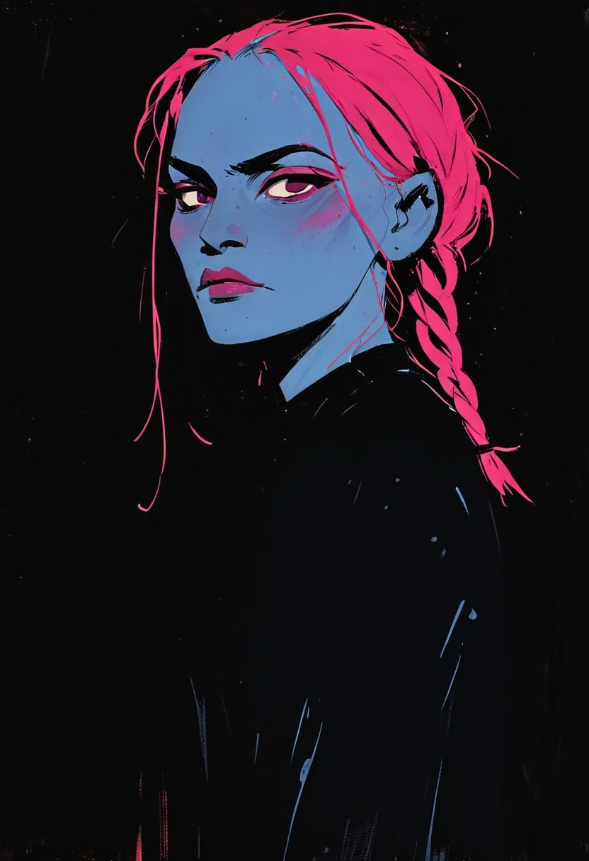 (resplendent highlighting) in the style of casual line and wash sketch, hauntingly beautiful, a drawing of a githyanki woman with tightly braided pink hair, very small nose, (detailed anatomy and defined musculature:1.0) prominent cheekbones, looking at viewer (disapproving expression:1.2), focus on the face, strong stance (ultraviolet hues:1.0) by Chien Chung Wei, Jaroslava Korol, carson ellis, nixri, Travis Charest, Emile Friant, Adam Hughes with bill sienkiewicz and marilyn minter influence, high-contrast lighting (rough details, white flower-pattern on dark-black sweater, aidmamj6.1, 3xpr3sgg0th1cn30n1nc4s3, ExpresHGothicNeonIncaseUOC, ExpresHGothicNeonIncase
