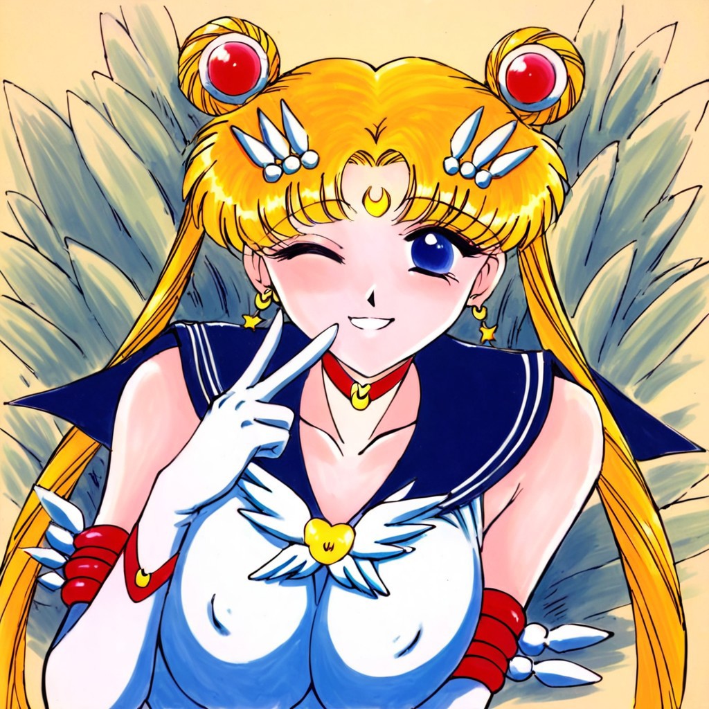 score_9, score_8, score_7, sailor moon, v,  winking,  blonde  hair,