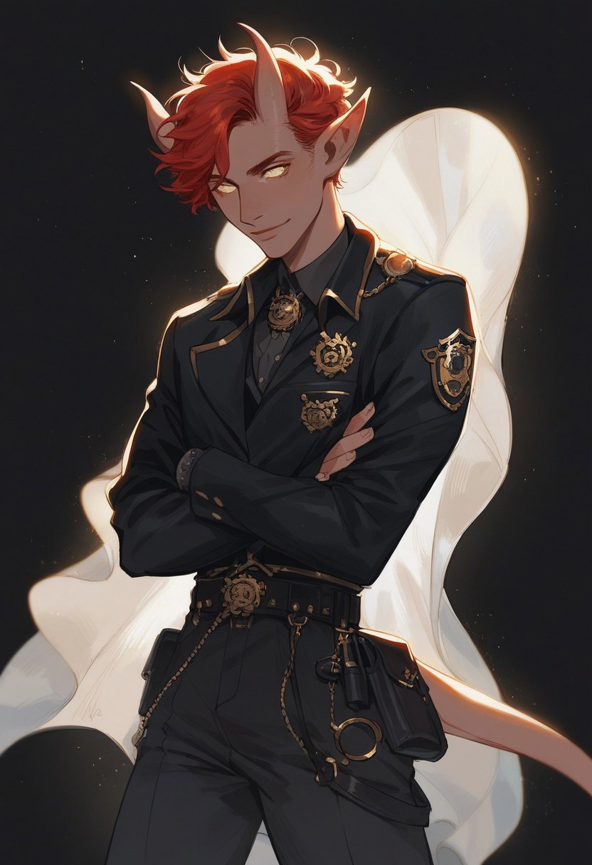 score_9, score_8_up, score_7_up, male, simple background, black background, tiefling, official state black clothing, black jacket, steampunk outfit, solo, standing up straight, slight smile, red hair, police