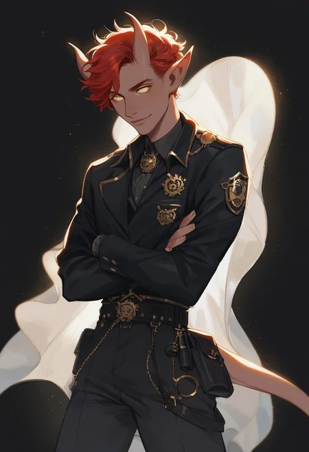 score_9, score_8_up, score_7_up, male, simple background, black background, tiefling, official state black clothing, black jacket, steampunk outfit, solo, standing up straight, slight smile, red hair, police