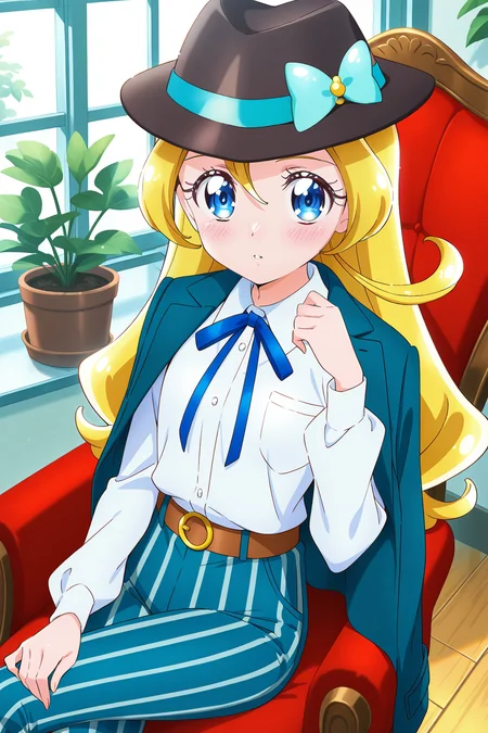 <lora:Kimi_to_Idol_Precure:1>, Kimi_to_Idol_Precure, 1girl, solo, hat, striped pants, plant, jacket, pants, black headwear, shirt, belt, sitting, jacket on shoulders, white shirt, potted plant, looking at viewer, striped clothes, chair, vertical-striped pants, crossed legs, brown belt, blush, vertical-striped clothes, wooden floor, indoors, fedora, ribbon, parted lips, long sleeves, bow, dress shirt, collared shirt, window