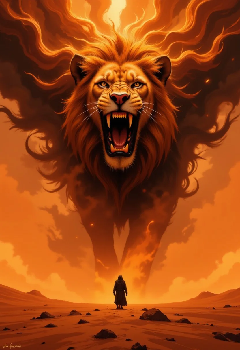 DGC style digital illustration, Magic style,
Close-up. Dramatic abstract composition of a huge sandstorm engulfing the desert, the dust rolls in like a cloud, faint orange light struggles to penetrate the chaos, evoking turmoil and destruction, the sand forms a roaring giant lion, the body is covered by the wind and sand, the lion's expression is very vivid, a lone figure in robes walks forward to stand in front of the lion's face, warm orange light, abstract shapes and forms. 8K, Masterpiece, best quality, realism, soft light