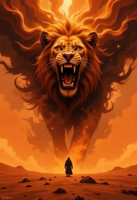 DGC style digital illustration, Magic style,
Close-up. Dramatic abstract composition of a huge sandstorm engulfing the desert, the dust rolls in like a cloud, faint orange light struggles to penetrate the chaos, evoking turmoil and destruction, the sand forms a roaring giant lion, the body is covered by the wind and sand, the lion's expression is very vivid, a lone figure in robes walks forward to stand in front of the lion's face, warm orange light, abstract shapes and forms. 8K, Masterpiece, best quality, realism, soft light