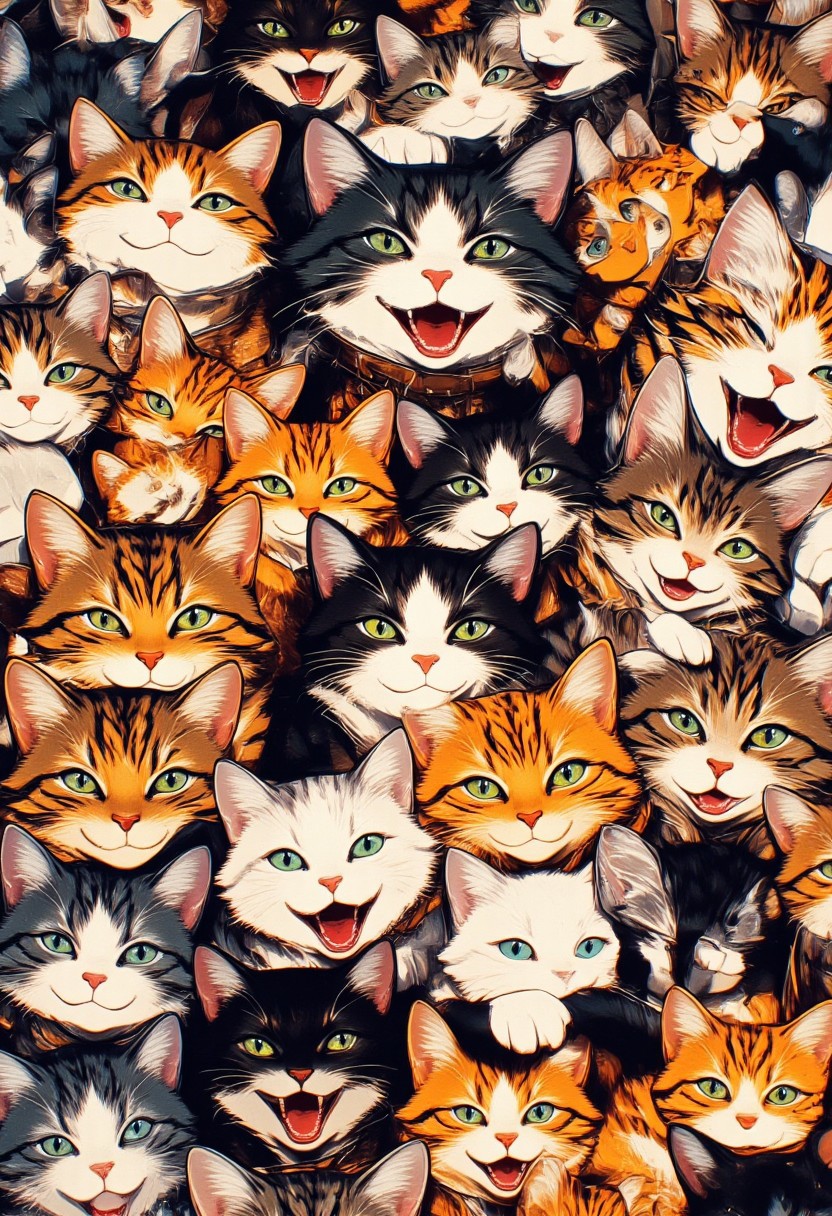 A lot of colorful cartoon cats with different expressions of faces. Each cat has a unique personality and mood, some look surprised, others angry, cunning, or thoughtful. They are located close to each other, creating a dense "sea" of cat faces.