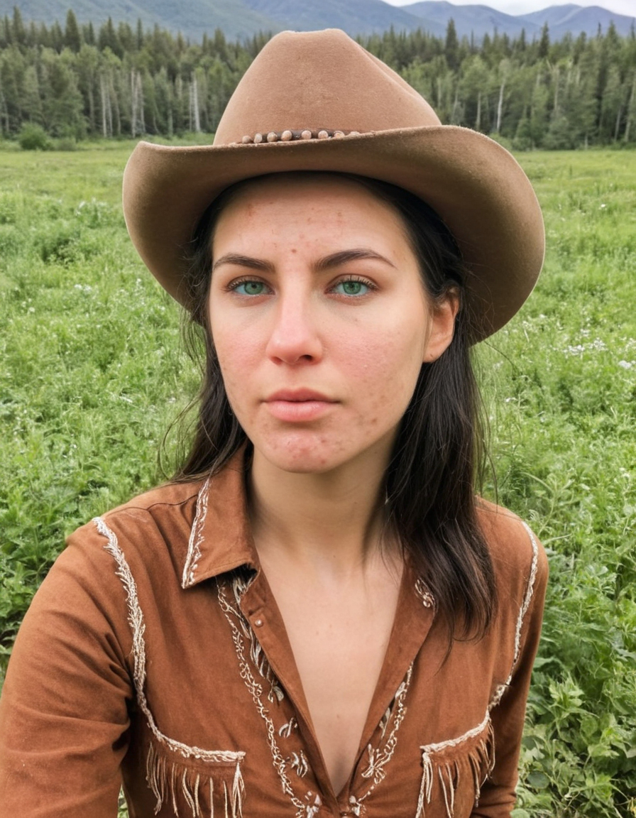 <lora:275FAB00CB:0.6> selfie photo of a woman with acne, with Detailed natural skin and blemishes without-make-up and acne, black hair, green eyes, dressed as a cowboy, Alaska frontier wilderness,