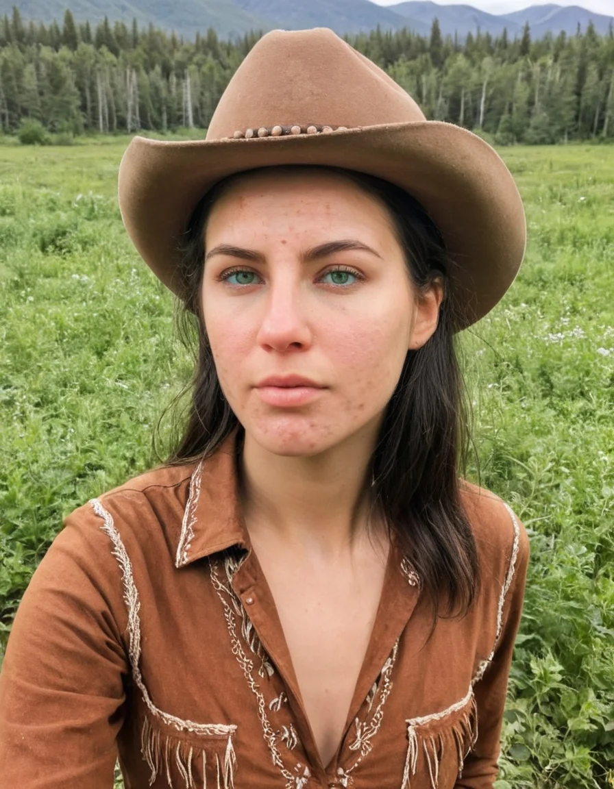 <lora:275FAB00CB:0.6> selfie photo of a woman with acne, with Detailed natural skin and blemishes without-make-up and acne, black hair, green eyes, dressed as a cowboy, Alaska frontier wilderness,