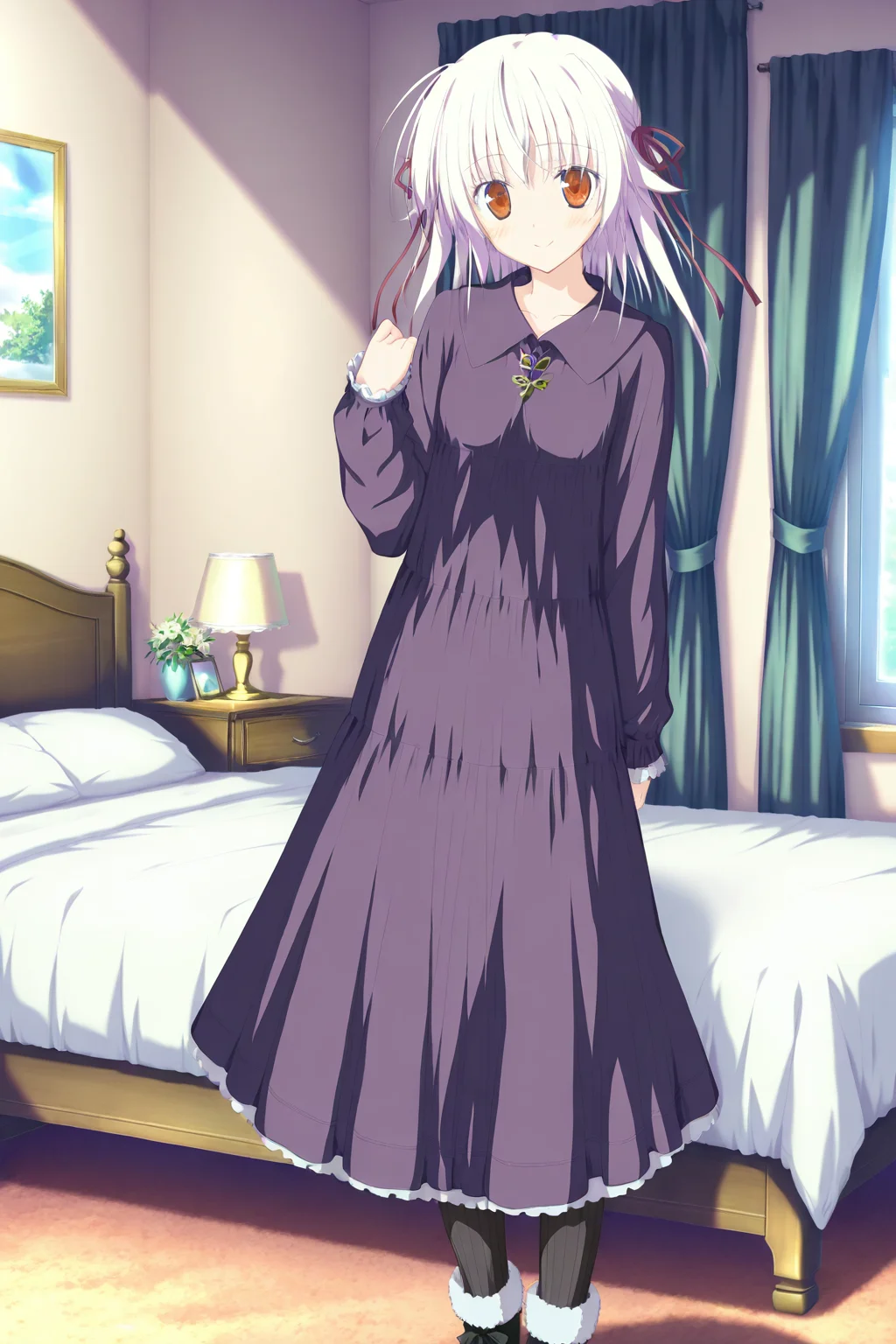 masterpiece,best quality,good quality,rating safe,memoriayume, ototsu_yume,hoshizora no memoria, 1girl, solo, white hair, long hair, hair ribbon, ribbon, red eyes, bangs, long sleeves, purple dress, black pantyhose, striped, black footwear,game cg,standing,smile,looking at viewer,blush,bedroom,upper body