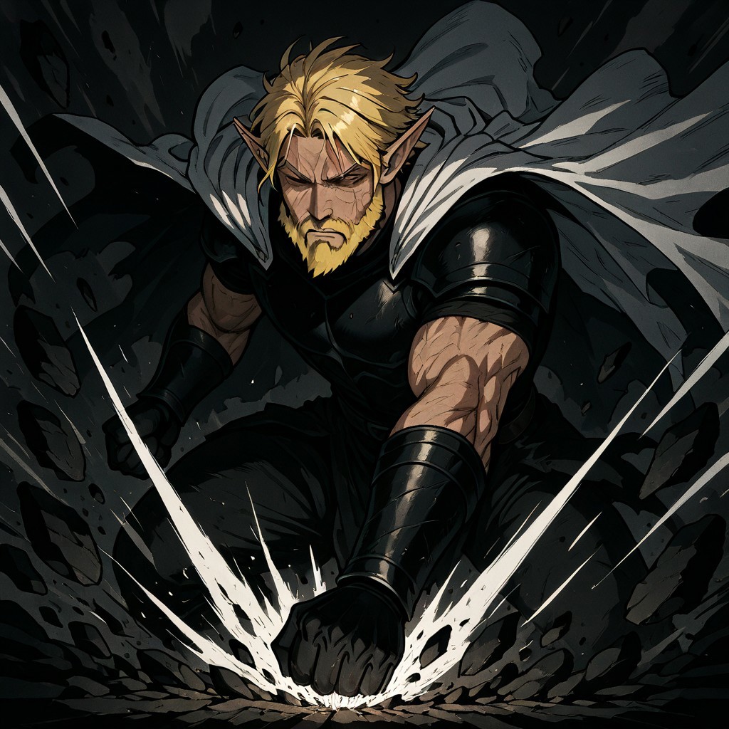 masterpiece, best quality, newest, absurdres, highres, ESPV1.0, punching, clenched hand, attack, rocks, 1boy, manly, elf, beard, muscular male, blonde, blonde hair, pointy ears, scar, scar on face, armor, cape, chestplate, chest armor, dynamic pose, mid-air,