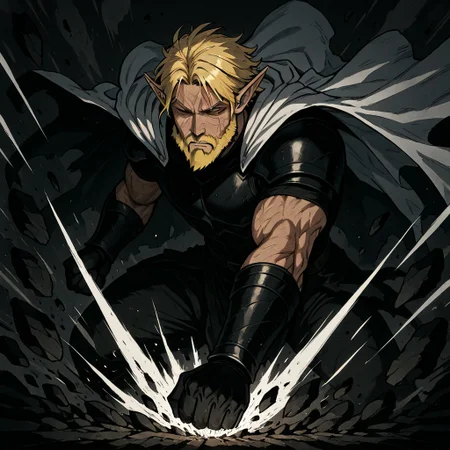 masterpiece, best quality, newest, absurdres, highres, ESPV1.0, punching, clenched hand, attack, rocks, 1boy, manly, elf, beard, muscular male, blonde, blonde hair, pointy ears, scar, scar on face, armor, cape, chestplate, chest armor, dynamic pose, mid-air,