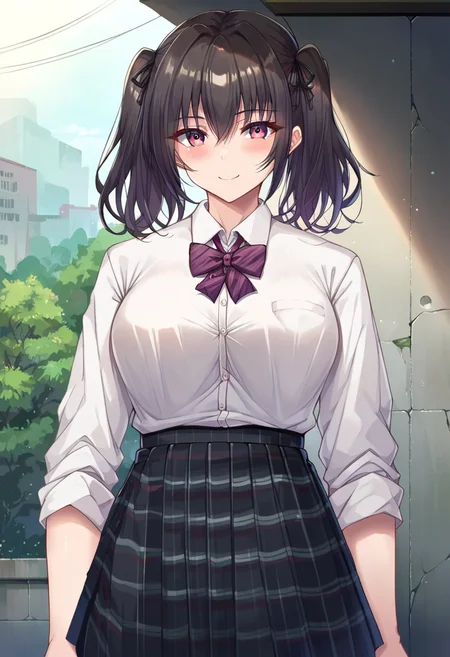score_9,score_8_up,score_7_up,source_anime,zPDXL3,outdoors, apartment
*//*,<lora:MafuyuHemp_Style:1>,1girl,solo,black hair,twintails,bangs,school uniform,black skirt,plaid skirt,pleated skirt,black ribbon,hair ribbon,bow,bowtie,white shirt,collared shirt,long sleeves,shirt tucked in,closed mouth,large breasts,smile,blush,looking at viewer,cowboy shot,