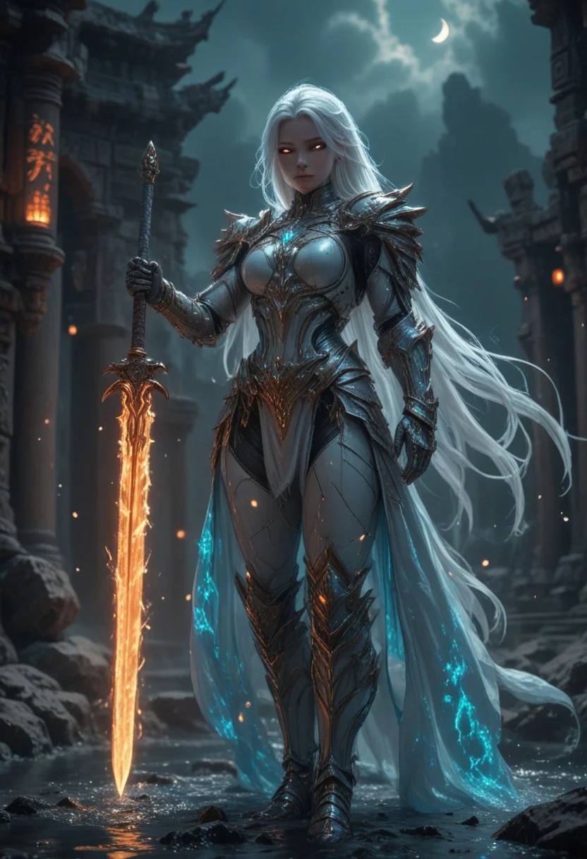"Create a hyper-realistic depiction of a powerful, mysterious warrior infused with cosmic energy, set against an ancient, moonlit temple. The character embodies a seamless blend of elegance and strength, wearing a sleek, form-fitting suit with intricate metallic accents and glowing cyan and orange veins, mirroring a fiery core of energy encased in a futuristic orb. Her mask partially conceals her identity, with striking, piercing eyes that radiate confidence and intrigue. The environment reflects the mystical aura, featuring a serene pool reflecting the full moon, ancient ruins, and glowing lanterns, while incorporating elements of molten lava and fiery tendrils spreading across the scene, blending technology with nature. The orbโs influence is visible, creating cracks of molten energy along her armor and the ground beneath her. The scene is rendered with cinematic lighting, capturing subtle details in texture, reflections on water, and a balance between the cool moonlight and the fiery warmth of the orb. The atmosphere is charged with mystery and power, emphasizing the fusion of human and elemental forces."