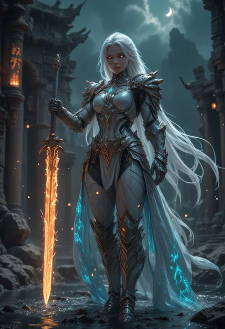 "Create a hyper-realistic depiction of a powerful, mysterious warrior infused with cosmic energy, set against an ancient, moonlit temple. The character embodies a seamless blend of elegance and strength, wearing a sleek, form-fitting suit with intricate metallic accents and glowing cyan and orange veins, mirroring a fiery core of energy encased in a futuristic orb. Her mask partially conceals her identity, with striking, piercing eyes that radiate confidence and intrigue. The environment reflects the mystical aura, featuring a serene pool reflecting the full moon, ancient ruins, and glowing lanterns, while incorporating elements of molten lava and fiery tendrils spreading across the scene, blending technology with nature. The orb’s influence is visible, creating cracks of molten energy along her armor and the ground beneath her. The scene is rendered with cinematic lighting, capturing subtle details in texture, reflections on water, and a balance between the cool moonlight and the fiery warmth of the orb. The atmosphere is charged with mystery and power, emphasizing the fusion of human and elemental forces."