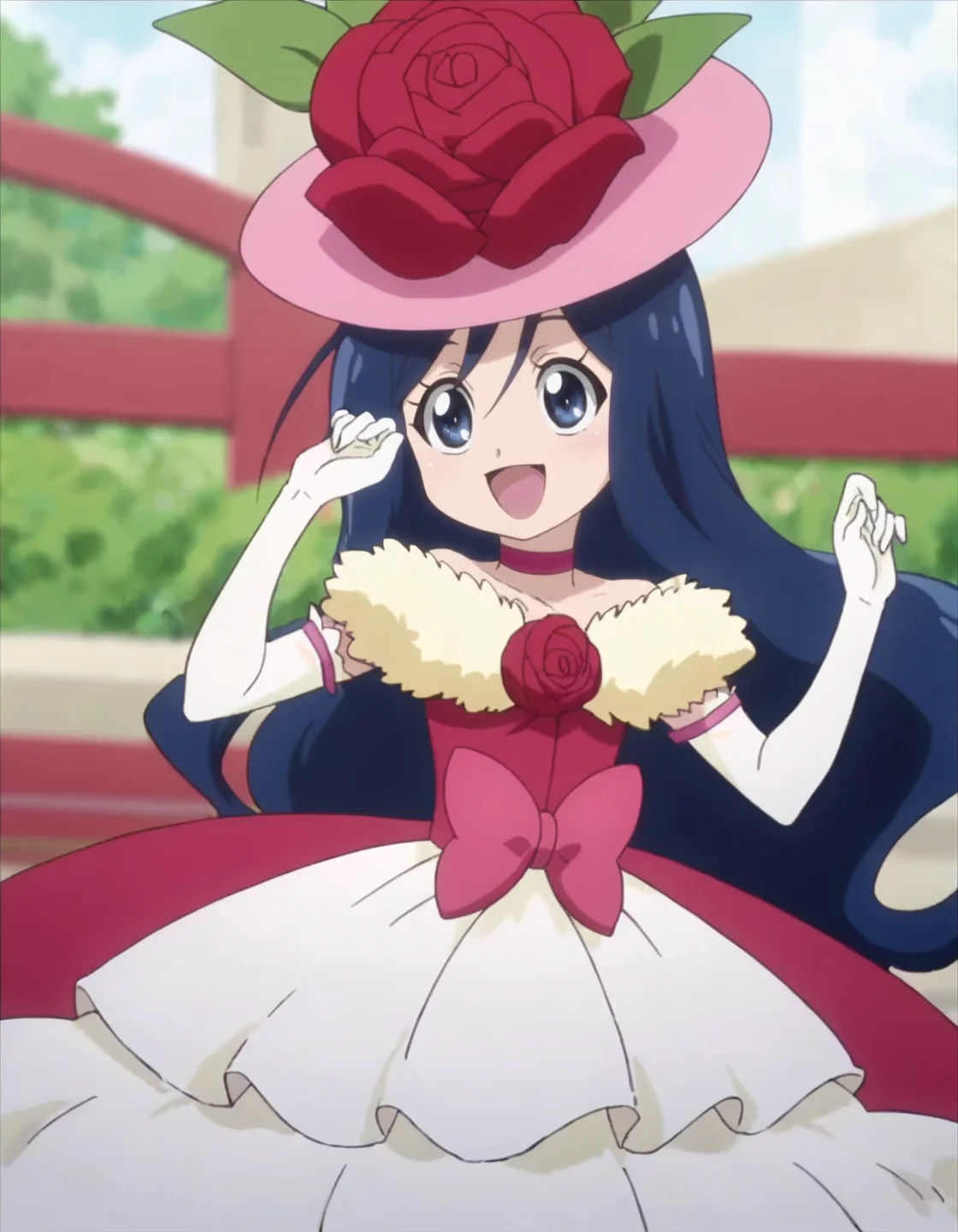 score_9, score_8_up, score_7_up, anime screencap, solo,1girl, oriharatsumugi, gloves, smile, hat, pink headwear, flower, dress, rose, elbow gloves, choker, open mouth, bow, red flower, red rose, pink bow, pantyhose, white gloves, happy, looking at viewer<lora:oriharatsumugi:0.8>