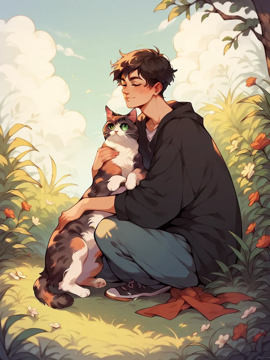 score_9, score_8_up, score_7_up, score_6_up, score_5_up, <lora:c4tsXLP:1> c4ts, (tortie), calico, <lora:p3tl0v3XLP:1> p3tl0v3, 1boy, cat,