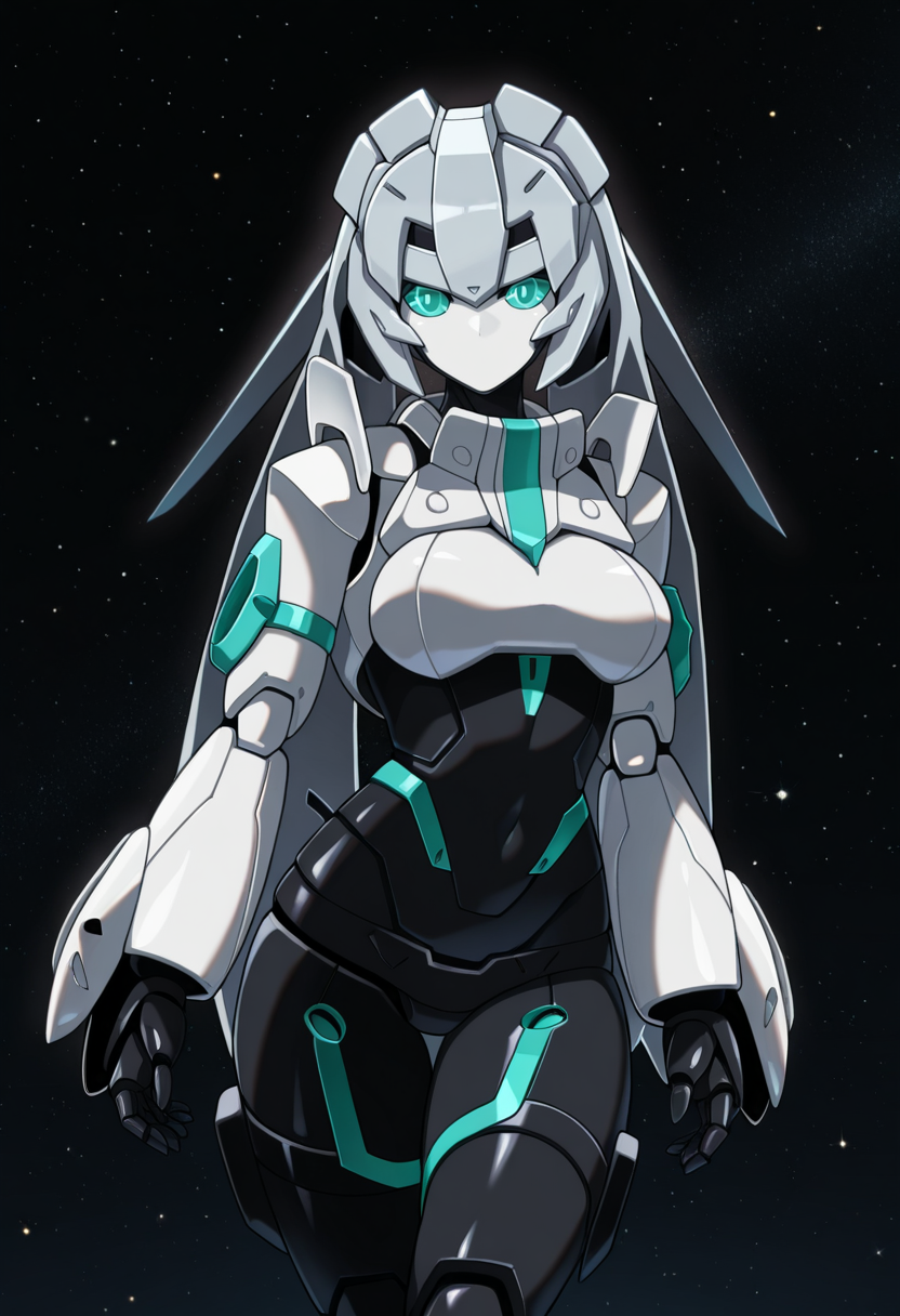 masterpiece,best quality,amazing quality,
1girl, solo,
gbdMDM,
mecha, robot girl, grey hair, aqua eyes, no mouth, breasts, robot joints,
space,