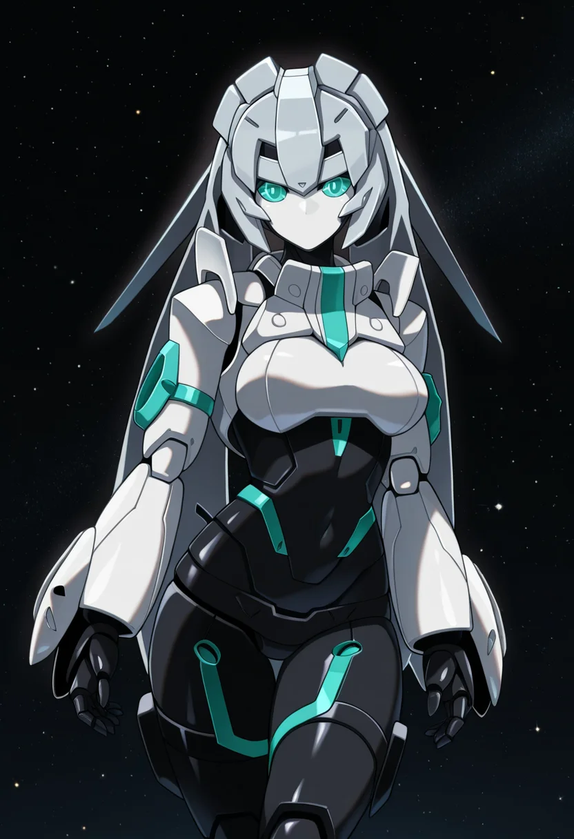 masterpiece,best quality,amazing quality,
1girl, solo,
gbdMDM,
mecha, robot girl, grey hair, aqua eyes, no mouth, breasts, robot joints,
space,