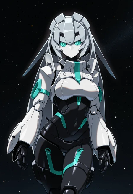 masterpiece,best quality,amazing quality,
1girl, solo,
gbdMDM,
mecha, robot girl, grey hair, aqua eyes, no mouth, breasts, robot joints,
space,