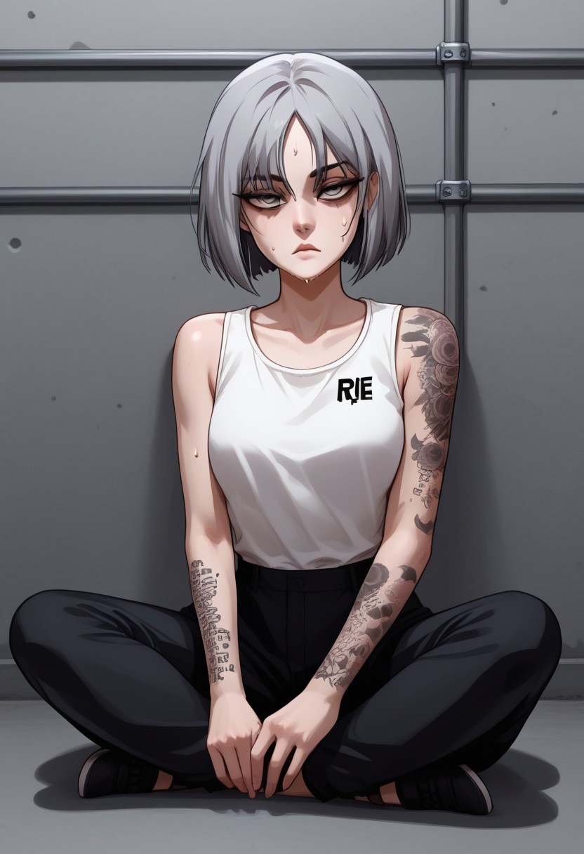 score_9, score_8_up, score_7_up, score_6_up, 1 girl, very light blue hair, almost gray hair, gray eyes, short hair, full body tattoos, t4ts, tattoos, tattoo, gangster tattoos, fit body, slim, medium breasts, sleeveless flannel, white flannel, black sports pants, on the jail, in a prison, sitting, rude face, rude, sitting thoughtful, goth girl, raven from dc, half closed eyes, black bags under her eyes, sexy pose, sweating, sweat body,