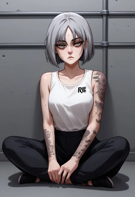 score_9, score_8_up, score_7_up, score_6_up, 1 girl, very light blue hair, almost gray hair, gray eyes, short hair, full body tattoos, t4ts, tattoos, tattoo, gangster tattoos, fit body, slim, medium breasts, sleeveless flannel, white flannel, black sports pants, on the jail, in a prison, sitting, rude face, rude, sitting thoughtful, goth girl, raven from dc, half closed eyes, black bags under her eyes, sexy pose, sweating, sweat body,
