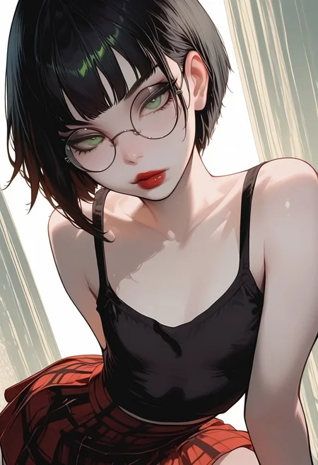 masterpiece, best quality, 32k, high resolution, absurdres, LDSCH, aesthetic,, 1girl, Polly, PollyRH, short hair, bobcut, black hair, bangs, green eyes, small breasts, almost flat chest, slim, pale skin, big round eyeglasses, clear eyeglasses lenses, red lipgloss, HD32k, dynamic pose, aesthetic, perspective, solo, detailed eyes, sensual look, pinup pose, urban scenario, detailed background, black-red tint, sensual look, goth attire, punk attire, black tank top,nipple peek, (red) tartan skirt, spiky wristbands, chocker, posing sexy, flirty,