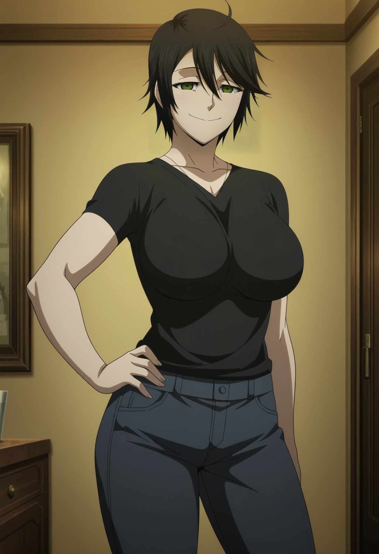 1girl,solo,mm,mature female,black hair,green eyes,short hair,large breasts,anime coloring,
shirt,denim,pants,cowboy shot,hand on own hip, looking at viewer, smile,indoors
,masterpiece,best quality,amazing quality,<lora:Chiquita-Jormungand_ix:1>