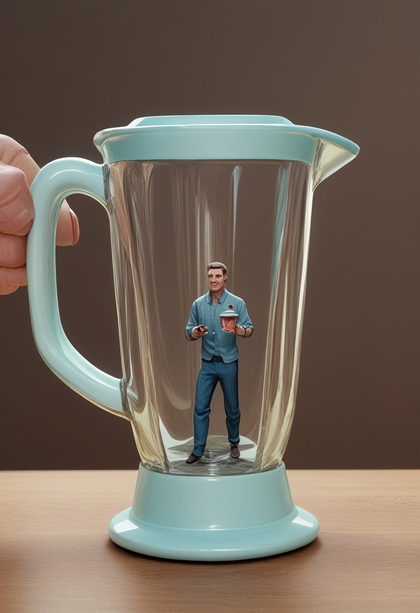 Liquified Carbuncle, meme, parody,  cup, glass object,  human man in a blender,  BREAK ,score_9, score_8_up, score_7_up, score_6_up, score_5_up, score_4_up,